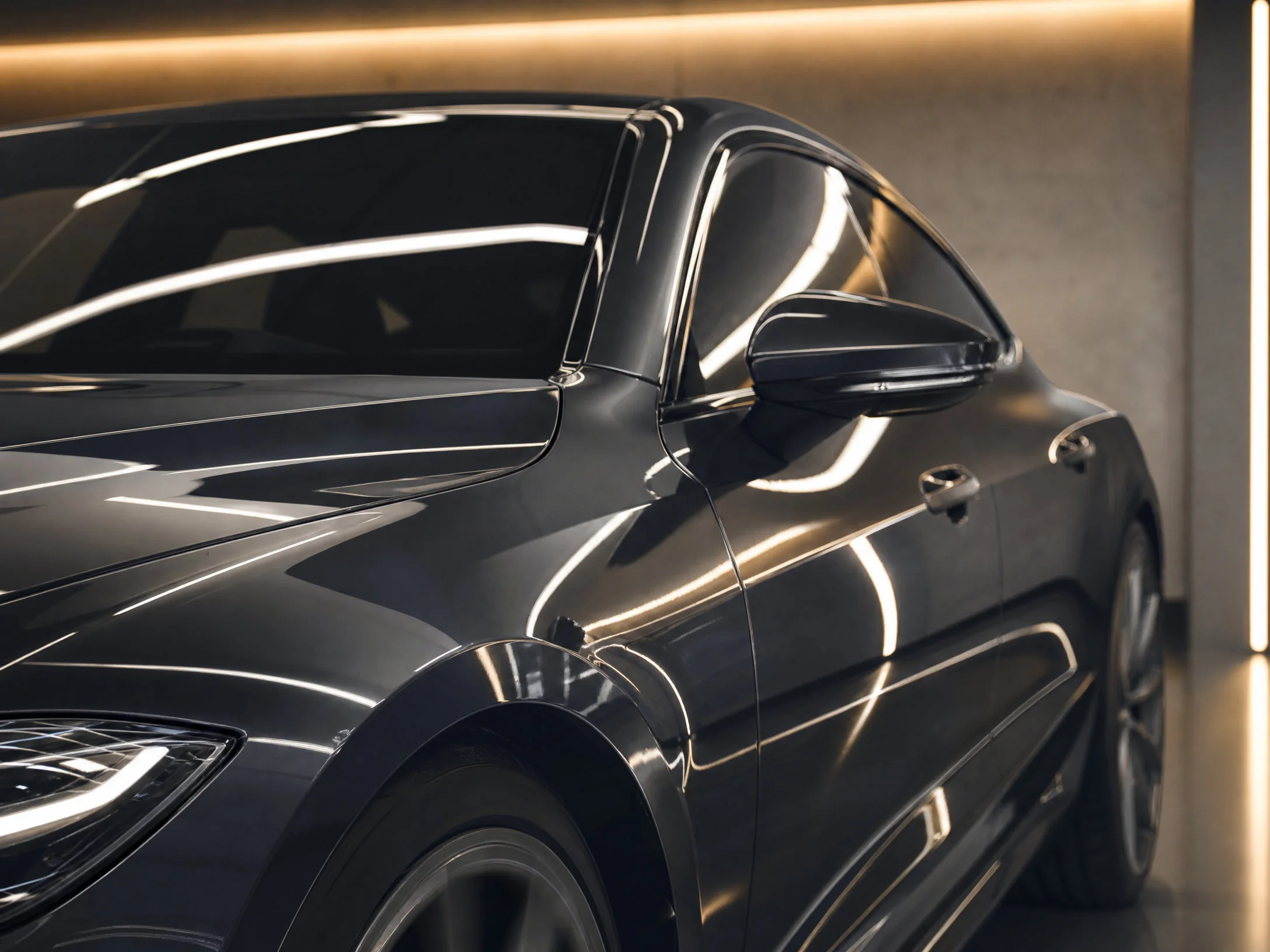GT 4-Door Coupe 完成汽車鍍膜後的鏡面反射漆面特寫